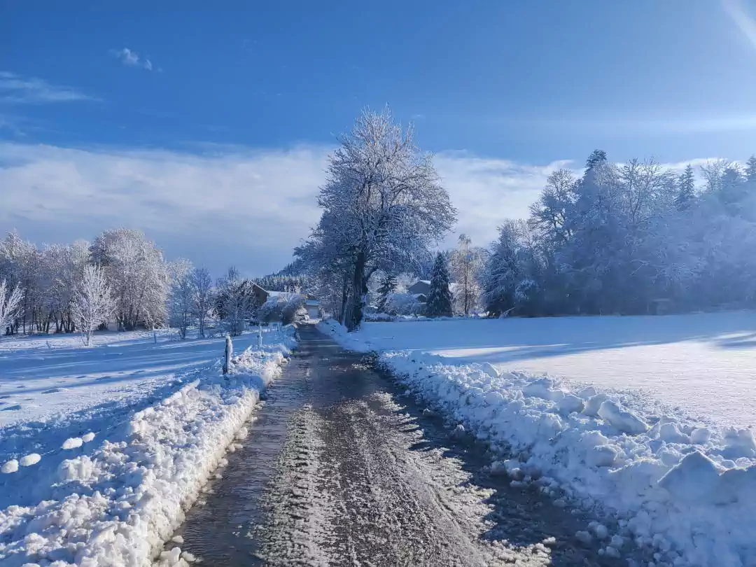 Vue enneigée de la route ammenant aux gites de boucharin