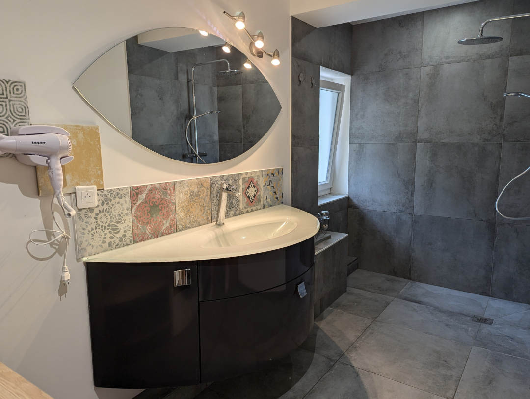 Salle de bain du rez de chaussée avec vue sur la douche et le lavabo